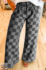 Dusk Blue Checkered Denim Wide Leg Jeans showcasing a stylish checkerboard pattern