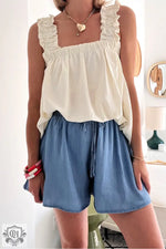 Dusk Blue Drawstring Elastic Waist Wide Leg Denim Shorts - Bottoms/Denim Shorts