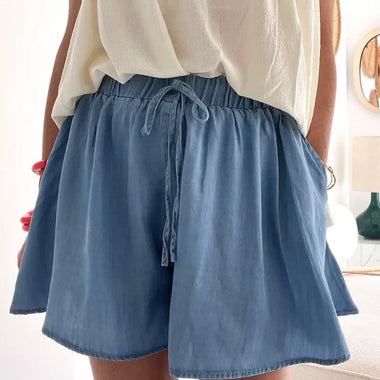 Dusk Blue Drawstring Elastic Waist Wide Leg Denim Shorts - Dusk Blue / S / 100% Lyocell - Bottoms/Denim Shorts