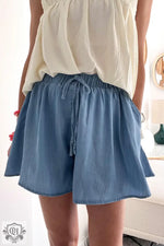 Dusk Blue Drawstring Elastic Waist Wide Leg Denim Shorts - Dusk Blue / S / 100% Lyocell - Bottoms/Denim Shorts