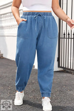 Dusk Blue Drawstring Waist Pocketed Plus Size Denim Joggers - Dusk Blue / 1X / 100% Cotton - Plus Size/Plus Size Bottoms