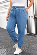 Dusk Blue Drawstring Waist Pocketed Plus Size Denim Joggers - Plus Size/Plus Size Bottoms