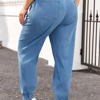 Dusk Blue Drawstring Waist Pocketed Plus Size Denim Joggers - Plus Size/Plus Size Bottoms