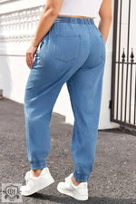 Dusk Blue Drawstring Waist Pocketed Plus Size Denim Joggers - Plus Size/Plus Size Bottoms