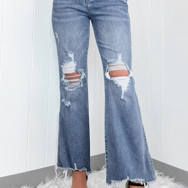 Dusk Blue High Rise Ripped Distressed Hem Flared Jeans - Dusk Blue / 4 / 85% Cotton + 10% Polyester + 5% Elastane