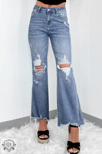 Dusk Blue High Rise Ripped Distressed Hem Flared Jeans - Dusk Blue / 4 / 85% Cotton + 10% Polyester + 5% Elastane