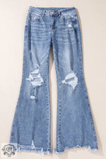 Dusk Blue High Rise Ripped Distressed Hem Flared Jeans - Bottoms/Jeans