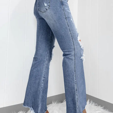 Dusk Blue High Rise Ripped Distressed Hem Flared Jeans - Bottoms/Jeans