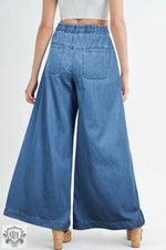 Dusk Blue Mineral Wash Button Fly Waist Wide Leg Jeans - Bottoms/Jeans