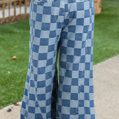 Dusk Blue Plus Size Checkered Seamed High Waist Wide Leg Jeans - Plus Size/Plus Size Bottoms