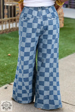 Dusk Blue Plus Size Checkered Seamed High Waist Wide Leg Jeans - Plus Size/Plus Size Bottoms