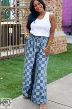 Dusk Blue Plus Size Checkered Seamed High Waist Wide Leg Jeans - Plus Size/Plus Size Bottoms