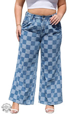 Dusk Blue Plus Size Checkered Seamed High Waist Wide Leg Jeans - Plus Size/Plus Size Bottoms