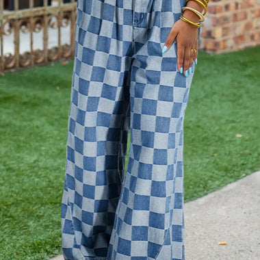 Dusk Blue Plus Size Checkered Seamed High Waist Wide Leg Jeans - Plus Size/Plus Size Bottoms