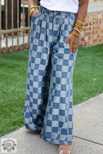 Dusk Blue Plus Size Checkered Seamed High Waist Wide Leg Jeans - Plus Size/Plus Size Bottoms