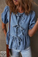 Dusk Blue Tied Front Bubble Sleeve Peplum Denim Shirt with decorative bow ties in sizes euro sizes