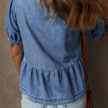 Dusk Blue Tied Front Bubble Sleeve Peplum Denim Shirt in Euro sizes with gathered waist