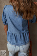 Dusk Blue Tied Front Bubble Sleeve Peplum Denim Shirt in Euro sizes with gathered waist