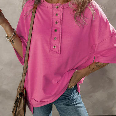 Rose Red Exposed Seam Button Neck Wide Sleeve Tunic Top