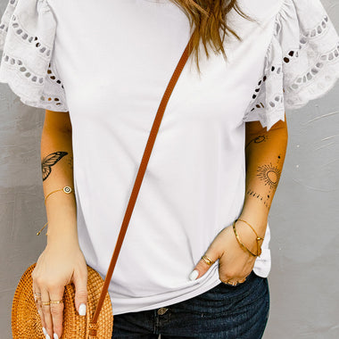 White Hollow Out Ruffle Sleeve T-shirt