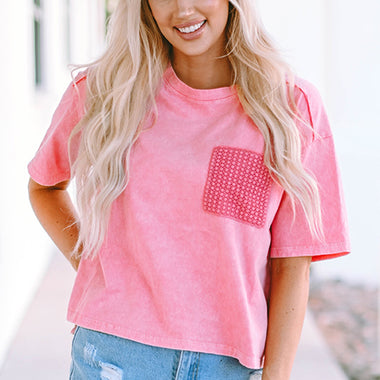 Pink Acid Wash Lace Patch Pocket T-Shirt