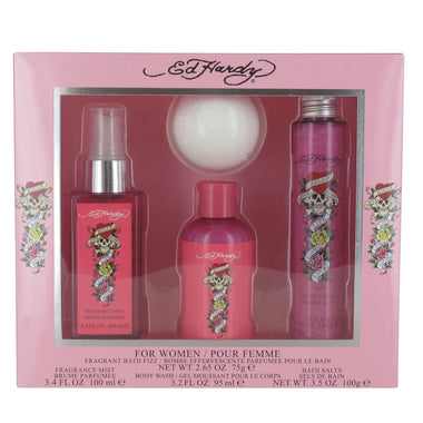 Ed Hardy Women Gift Set 100ml Body Mist + 50ml Body Wash + 50ml Body Lotion + 75g Bath Fizz - Bath & Body