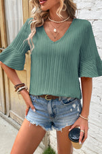 Beau Blue Ruffled Half Sleeve V Neck Textured Top