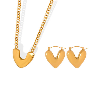 18k gold noble heart design necklace and earrings set - QH Clothing