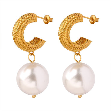 18K gold noble and luxurious C-shaped hemp pattern and pearl pendant design earrings - QH Clothing