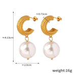 18K gold noble and luxurious C-shaped hemp pattern and pearl pendant design earrings - QH Clothing