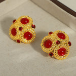 18K gold exquisite noble flower inlaid red agate design earrings - QH Clothing