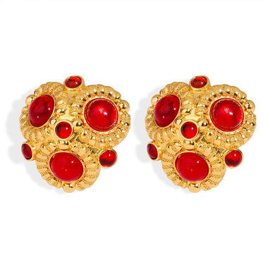 18K gold exquisite noble flower inlaid red agate design earrings - QH Clothing