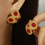 18K gold exquisite noble flower inlaid red agate design earrings - QH Clothing