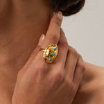 18k gold noble and elegant tortoise shell inlaid turquoise design open ring - QH Clothing