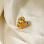 18k gold noble and elegant tortoise shell inlaid turquoise design open ring - QH Clothing