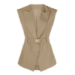 Elegant Belted Sleeveless Vest - S / Khaki - Clothing