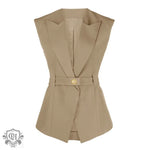 Elegant Belted Sleeveless Vest - S / Khaki - Clothing