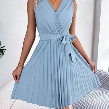 Spring Summer Elegant Cross V neck Sleeveless Cinched Pleated Dress Women Clothing - Quality Home Clothing| Beauty