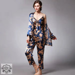 Silk Pajamas Women Spring Summer Dragon Robe Printed Silk Home Wear Three-Piece Suit satin pajamas satin sleepwear - Quality Home Clothing| Beauty