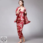 Silk Pajamas Women Spring Summer Dragon Robe Printed Silk Home Wear Three-Piece Suit satin pajamas satin sleepwear - Quality Home Clothing| Beauty