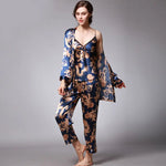 Silk Pajamas Women Spring Summer Dragon Robe Printed Silk Home Wear Three-Piece Suit satin pajamas satin sleepwear - Quality Home Clothing| Beauty