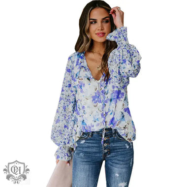 Chiffon Shirt Cardigan Spring Summer Loose Floral Pattern Lantern Sleeve Top for Women - Quality Home Clothing| Beauty