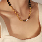 18K gold noble tiger eye stone black onyx and pearl bead design simple style necklace - QH Clothing