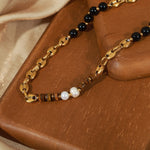 18K gold noble tiger eye stone black onyx and pearl bead design simple style necklace - QH Clothing