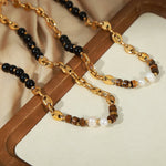 18K gold noble tiger eye stone black onyx and pearl bead design simple style necklace - QH Clothing