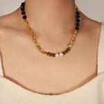 18K gold noble tiger eye stone black onyx and pearl bead design simple style necklace - QH Clothing