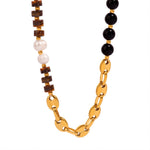 18K gold noble tiger eye stone black onyx and pearl bead design simple style necklace - QH Clothing