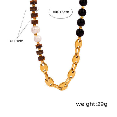 18K gold noble tiger eye stone black onyx and pearl bead design simple style necklace - QH Clothing