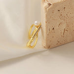 18K gold simple and elegant geometric inlaid zircon and pearl design ring - QH Clothing