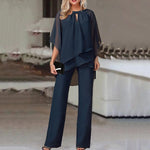 Elegant Irregular Top & Trousers Set - S / Navy Blue - Clothing